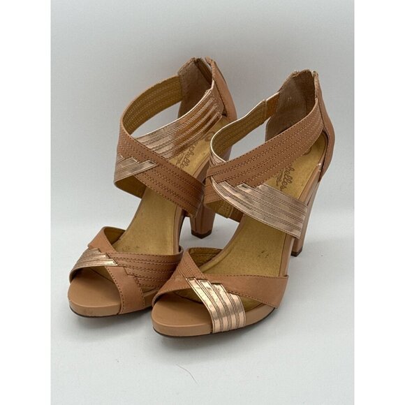 Seychelles Womens 7.5 Open Toe Strappy Heels Tan & Gold Leather & Synthetic - Picture 1 of 8